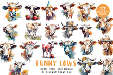 Load image into Gallery viewer, Funny Cows Watercolor Clipart Set