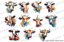 Load image into Gallery viewer, Funny Cows Watercolor Clipart Set