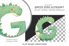 Load image into Gallery viewer, Watercolor Green Dinosaur Alphabet Clipart
