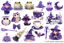 Load image into Gallery viewer, Watercolor Cute Witches in Purple Clip Art
