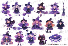 Load image into Gallery viewer, Watercolor Cute Witches in Purple Clip Art