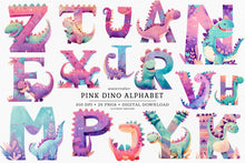 Load image into Gallery viewer, Watercolor Pink Dinosaur Alphabet Clipart