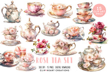 Load image into Gallery viewer, Rose Tea Set Watercolor Clipart Set