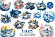 Load image into Gallery viewer, Sharks Watercolor Clipart Set