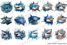 Load image into Gallery viewer, Sharks Watercolor Clipart Set