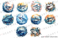 Load image into Gallery viewer, Sharks Watercolor Clipart Set