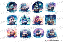 Load image into Gallery viewer, Magical Ships Watercolor Clipart Set