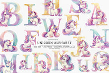 Load image into Gallery viewer, Watercolor Unicorn Alphabet Clipart