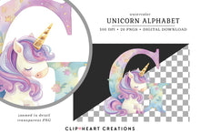 Load image into Gallery viewer, Watercolor Unicorn Alphabet Clipart