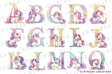 Load image into Gallery viewer, Watercolor Unicorn Alphabet Clipart
