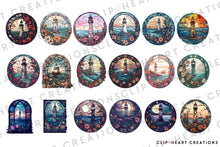 Load image into Gallery viewer, Stained Glass Lighthouses Watercolor Clipart Set