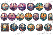 Load image into Gallery viewer, Stained Glass Lighthouses Watercolor Clipart Set