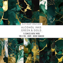 Load image into Gallery viewer, Green and Gold Alcohol Ink Seamless Digital Papers