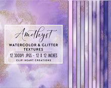 Load image into Gallery viewer, Amethyst Glitter Watercolor Digital Papers