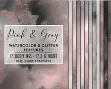Load image into Gallery viewer, Pink & Gray Glitter Watercolor Digital Papers