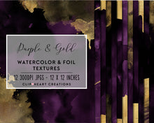 Load image into Gallery viewer, Purple & Gold Watercolor and Foil Digital Papers