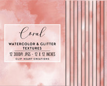 Load image into Gallery viewer, Coral Glitter Watercolor Digital Papers