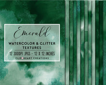 Load image into Gallery viewer, Emerald Glitter Watercolor Digital Papers