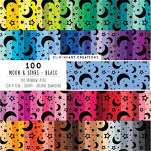 Load image into Gallery viewer, 100 Moon & Stars Pattern Digital Papers (Black)
