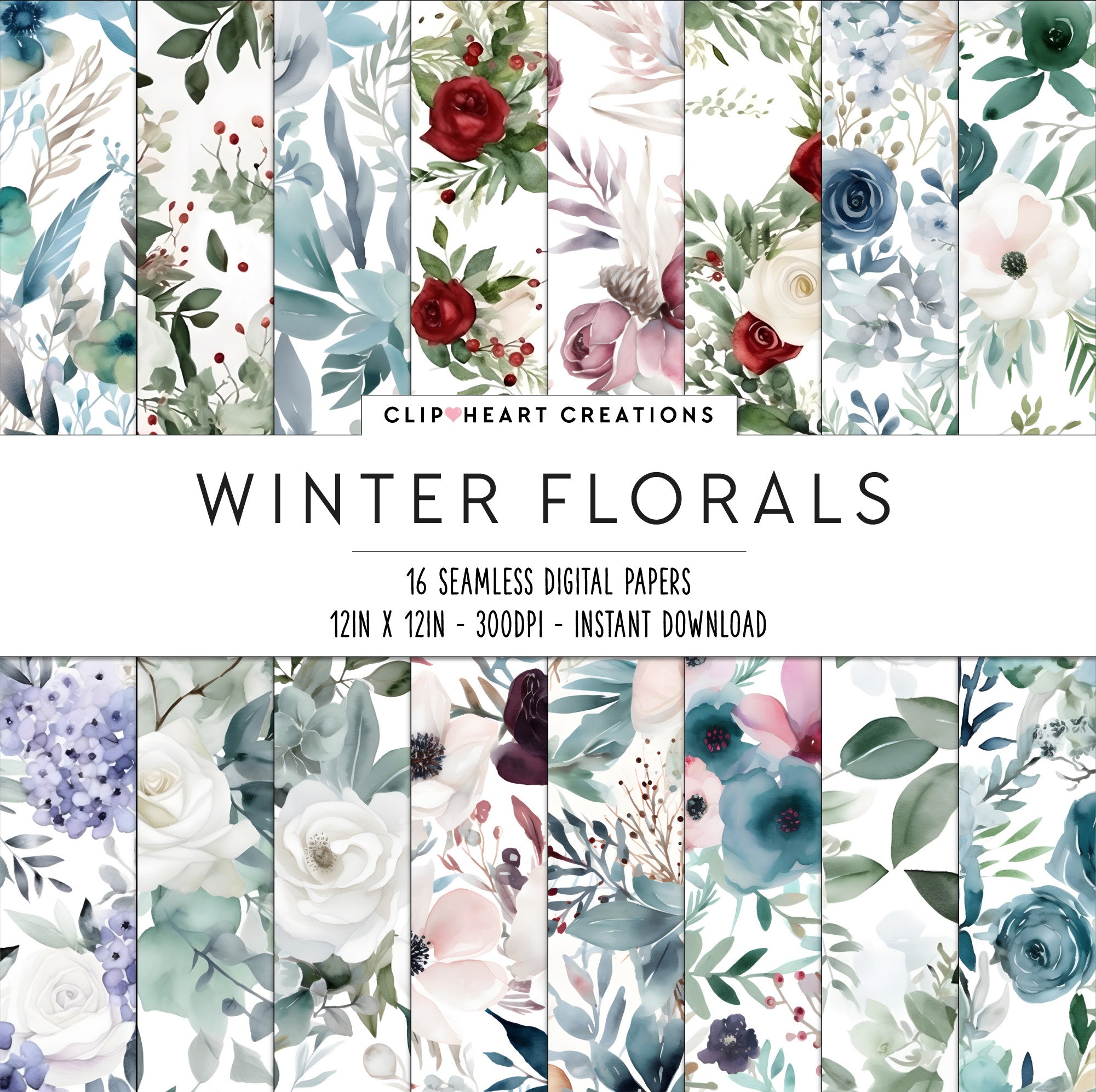 Seamless Winter Floral Digital Paper Pack, Snowy Flowers Repeating