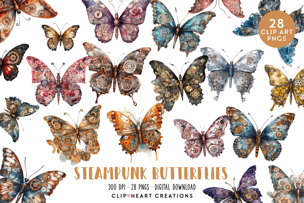 Steampunk Butterflies Watercolor Clipart Set