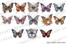 Load image into Gallery viewer, Steampunk Butterflies Watercolor Clipart Set
