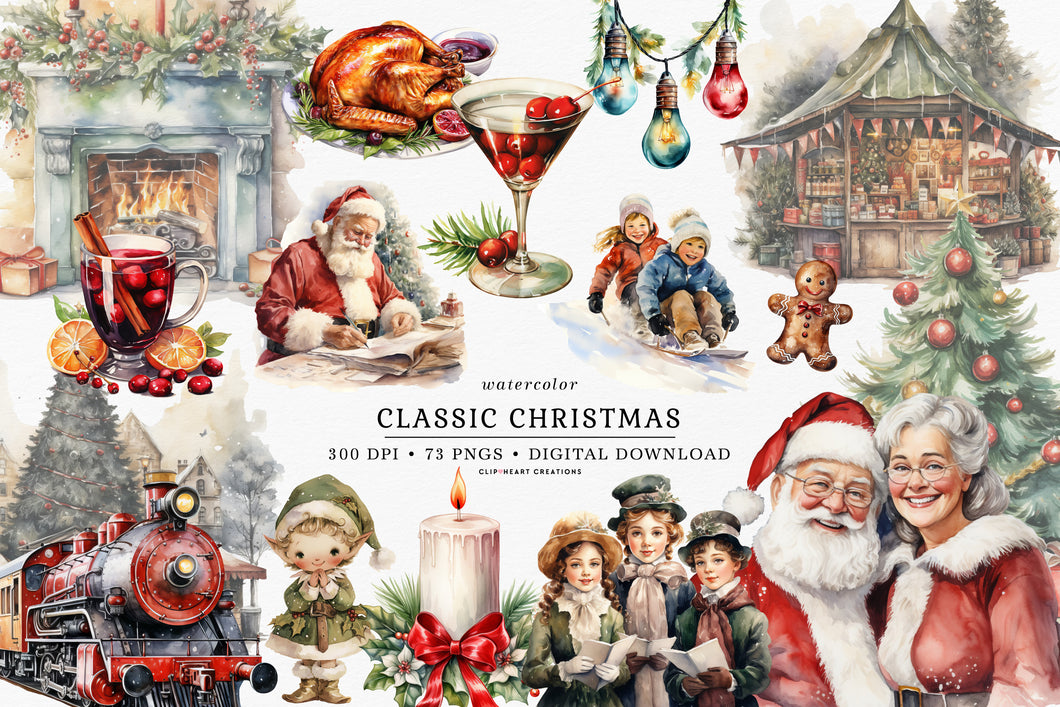 Watercolor Classic Christmas Clip Art