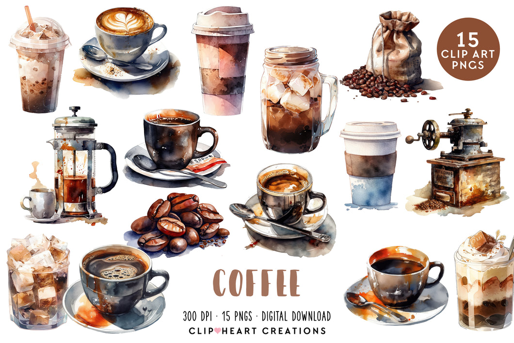 Coffee Watercolor Clipart Collection