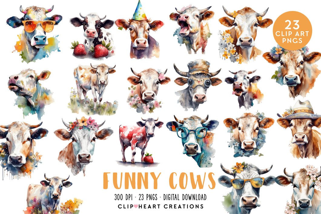 Funny Cows Watercolor Clipart Set