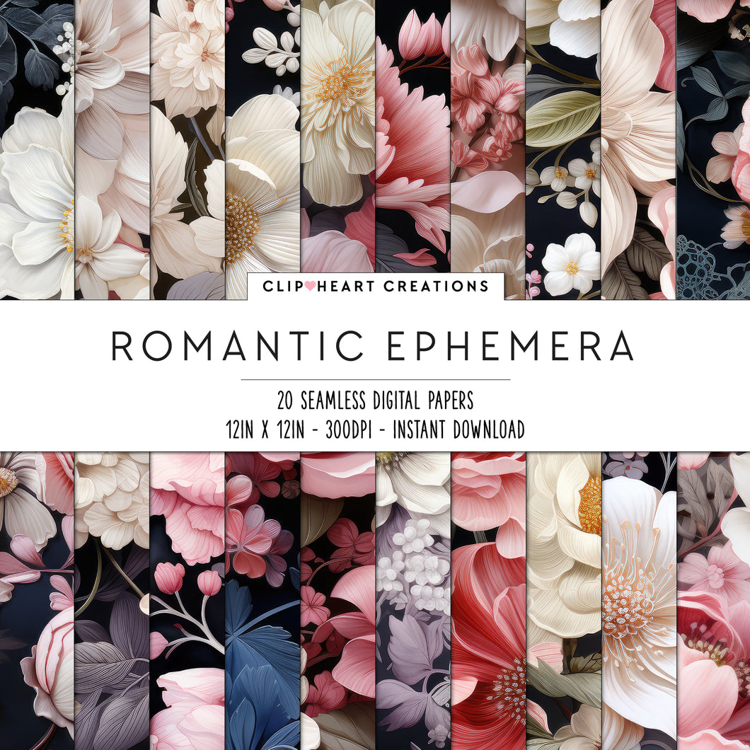 Romantic Floral Ephemera Seamless Digital Papers