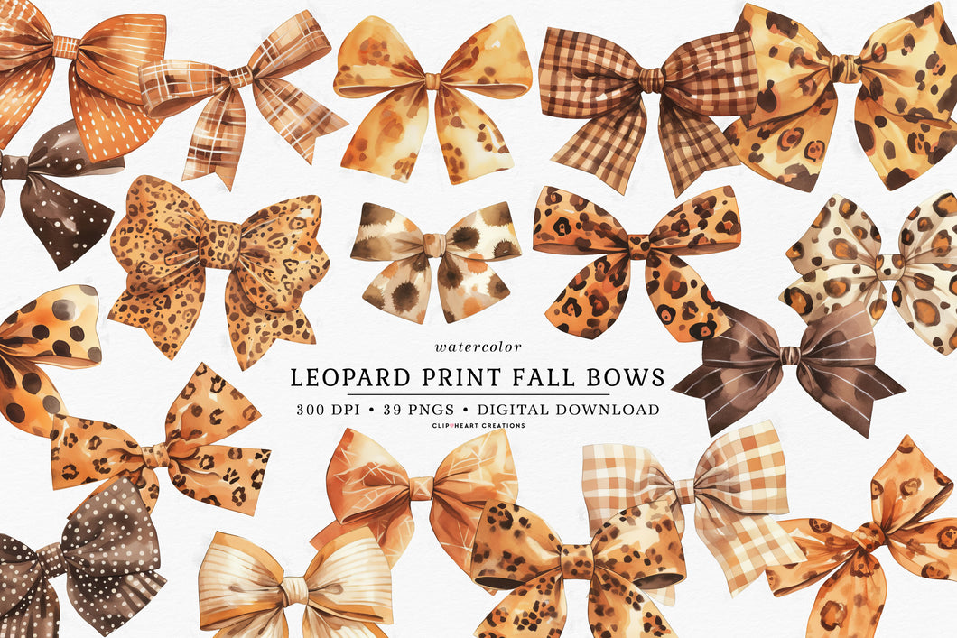 Watercolor Leopard Print Fall Bows Clip Art