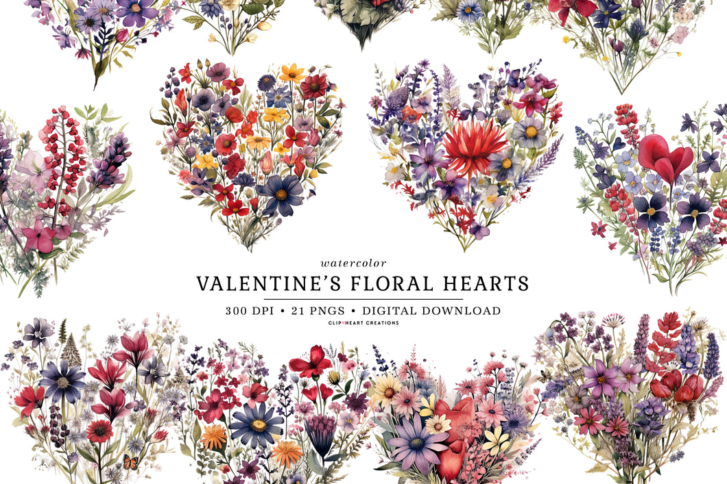 Valentine's Floral Hearts Clipart Collection