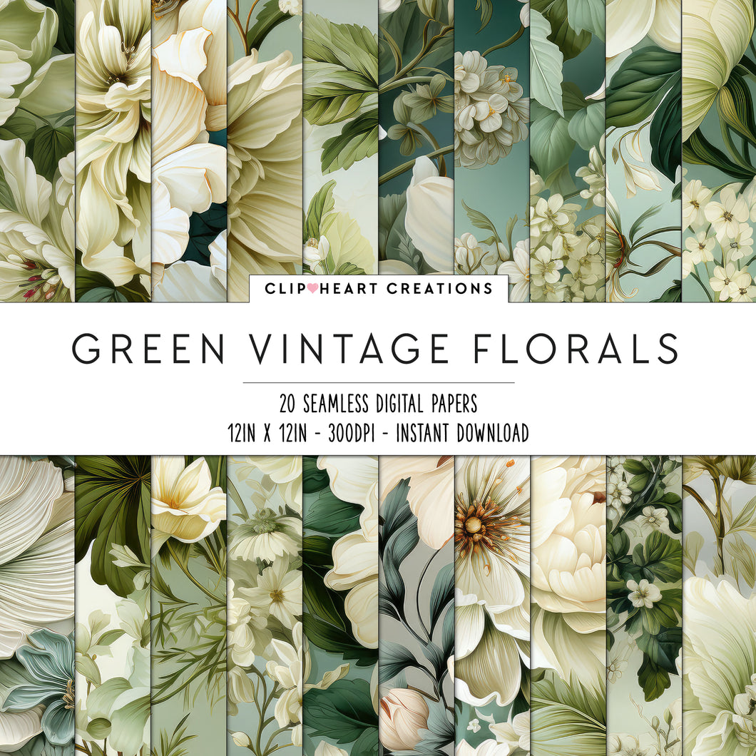 Green Floral Ephemera Seamless Digital Papers