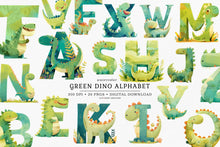 Load image into Gallery viewer, Watercolor Green Dinosaur Alphabet Clipart
