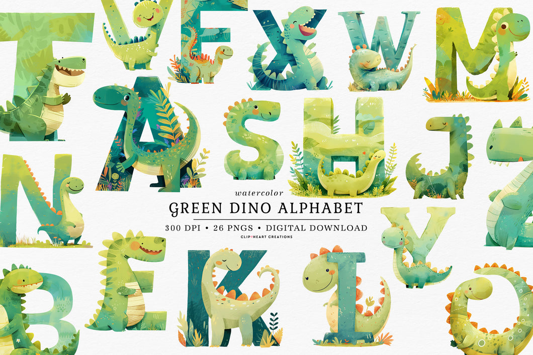 Watercolor Green Dinosaur Alphabet Clipart