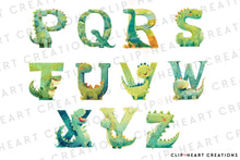 Load image into Gallery viewer, Watercolor Green Dinosaur Alphabet Clipart
