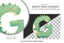 Load image into Gallery viewer, Watercolor Green Dinosaur Alphabet Clipart
