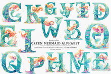 Load image into Gallery viewer, Watercolor Green Mermaid Alphabet Clipart
