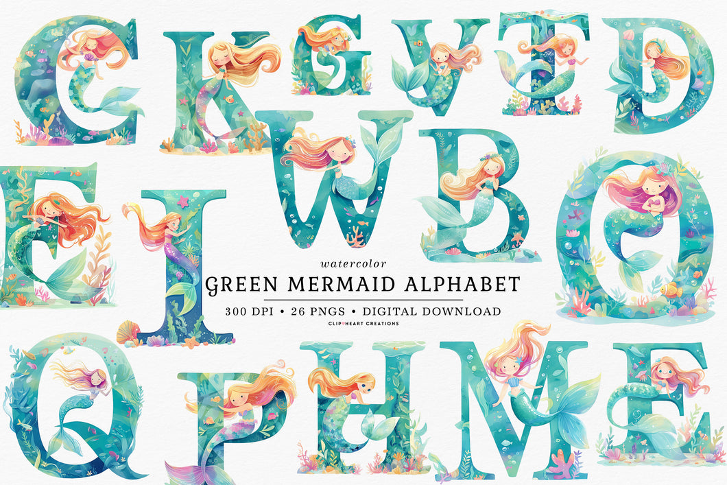 Watercolor Green Mermaid Alphabet Clipart