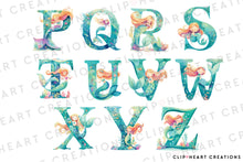 Load image into Gallery viewer, Watercolor Green Mermaid Alphabet Clipart
