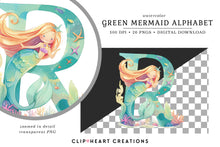 Load image into Gallery viewer, Watercolor Green Mermaid Alphabet Clipart
