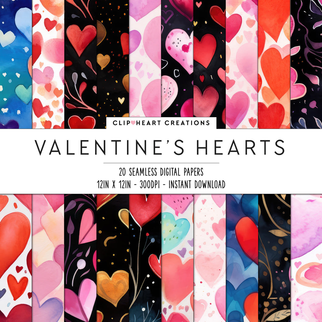 Watercolor Valentine's Day Hearts Digital Papers