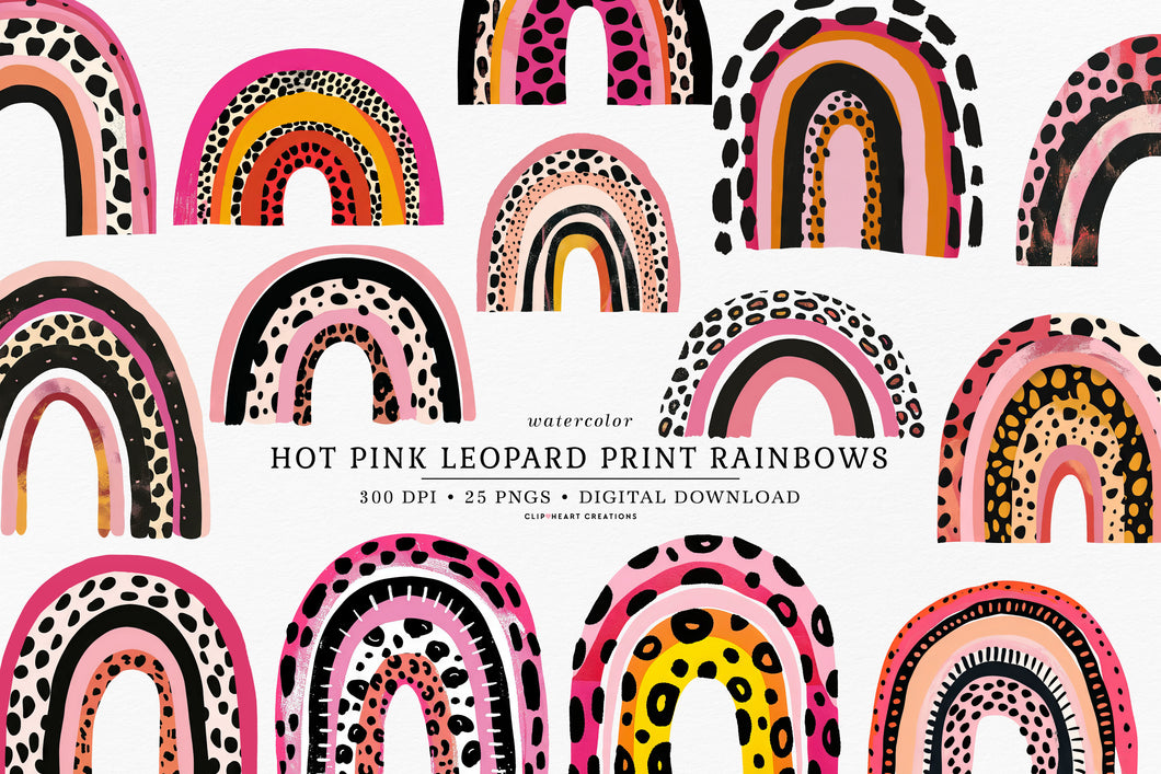 Watercolor Hot Pink Leopard Print Rainbows