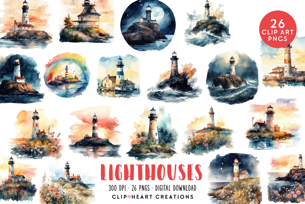 Lighthouses Watercolor Clipart Set