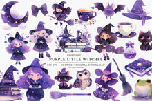 Load image into Gallery viewer, Watercolor Cute Witches in Purple Clip Art
