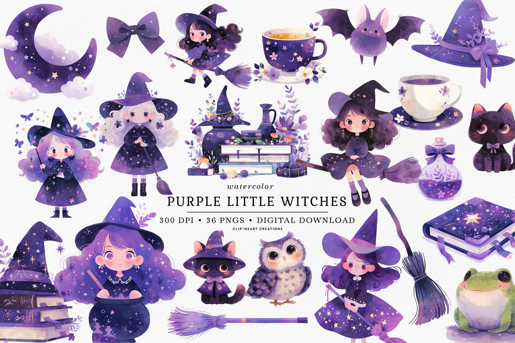 Watercolor Cute Witches in Purple Clip Art