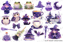 Load image into Gallery viewer, Watercolor Cute Witches in Purple Clip Art
