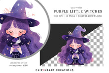 Load image into Gallery viewer, Watercolor Cute Witches in Purple Clip Art
