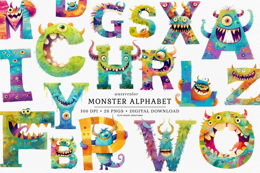 Watercolor Monster Alphabet Clipart