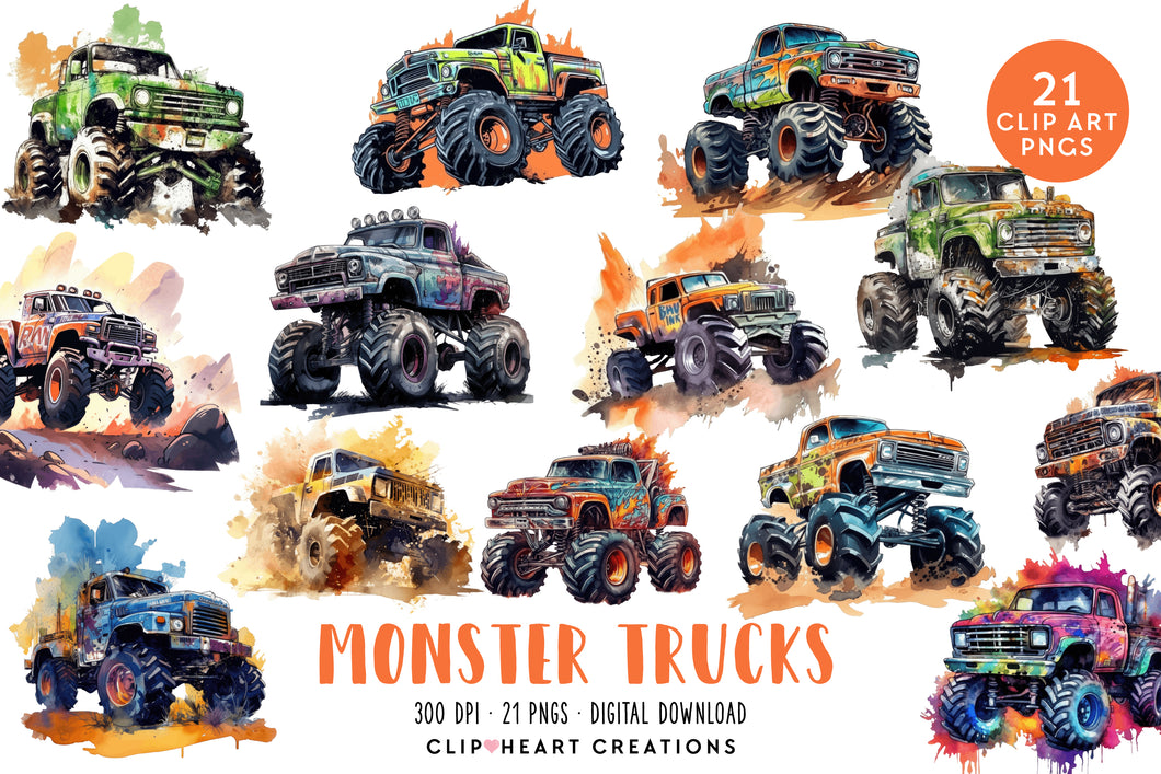 Monster Truck Watercolor Clipart Set